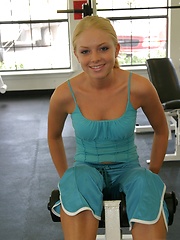 Petite blonde teen Skye keeps in shape while working out at the gym