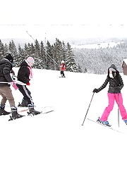 Four very cute teenage brunettes fucking at a ski resort